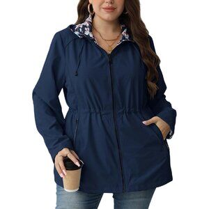 Women's Windbreaker Lightweight Casual D-Blue Floral Print Hood Jacket Coat
